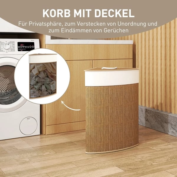 Bambus Vasketøjskurv, 55L Kapacitet, Dimensioner: 35L x 35B x 60H cm, Maksimal Belastning: 7 kg, Aftageligt Låg, Maskinvaskbar Indersæk