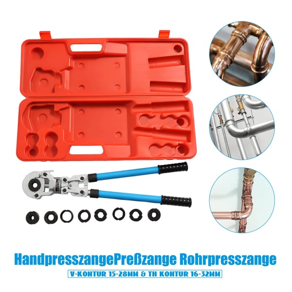 Säädettävät hydrauliset puristuspihdit, 6 tonnin maksimivoima, tehokas ratchet-rakenne, monipuoliset putkiliitoksiin.