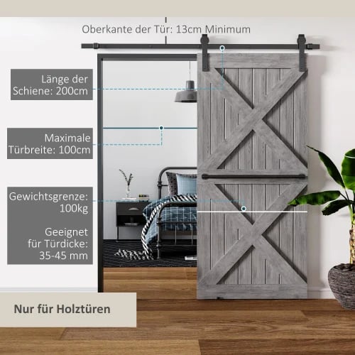 Skjutdörrsystem, Längd 200 cm, Bredd 40 cm, Stöder upp till 100 kg, Kompatibel med trä- och glasdörrar, Enkel installation