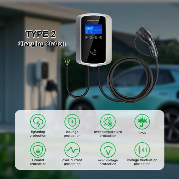 EV-laddstation, justerbar ström, 5 m längd, 7.2KW, TYP2