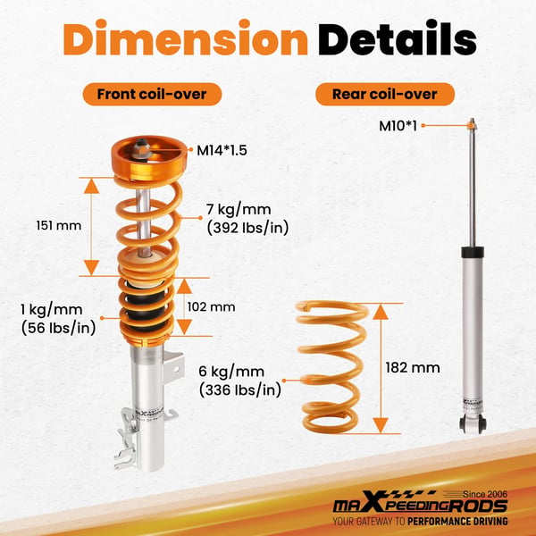 Coilover affjedringskit, Længde 64 cm, Bredde 53 cm, Højde 34 cm, Foran fjederhastighed 8 kg/mm, Bag fjederhastighed 6 kg/mm