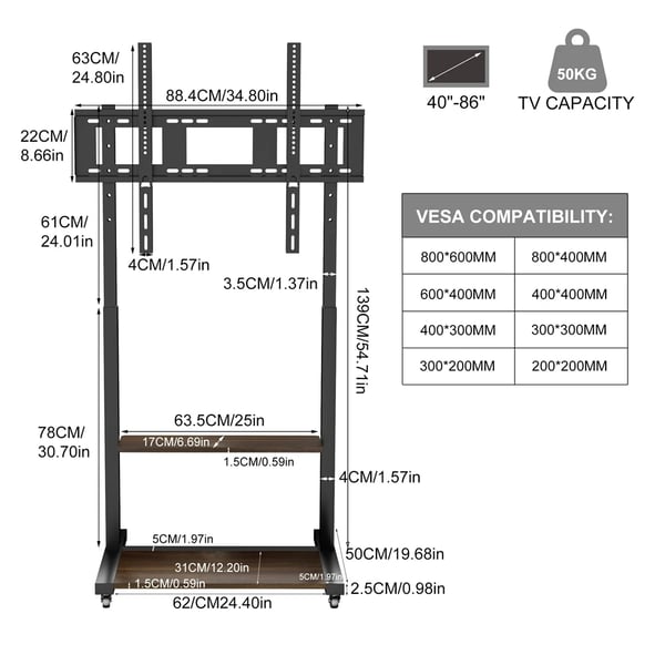 TV-bord, Højdejusterbart, Mobil med Hylder,sort