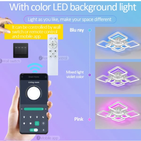 Loftlampe, RGB-belysning, APP-kontrol,APP med RC Dæmpbar, RGB 4+4