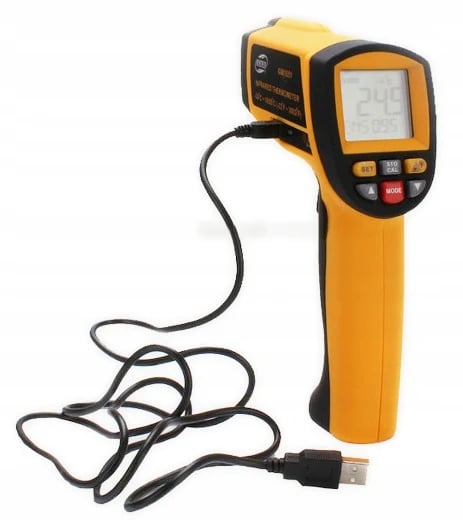 Kontaktløs Termometer, Temperaturområde -30 til +1650 °C, Justerbar Emissivitet, Ergonomisk Design, Baggrundsbelyst LCD Skærm, USB Interface