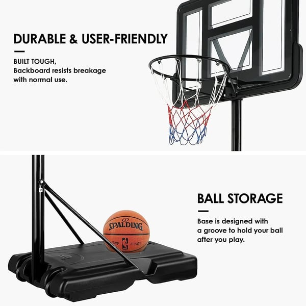 Basketballkurv, Justerbar højde 230-304 cm, Bærbar med hjul, Bagplade 110 x 75 cm, Base dimensioner 90 x 60 x 15 cm, Ringdiameter 45 cm