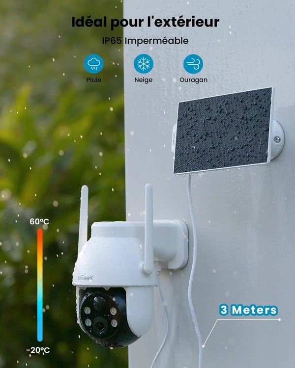 Udendørs overvågningskamera, 3 MP, vejrbestandigt, batteridrevet, farve nattsyn, 355° rotation