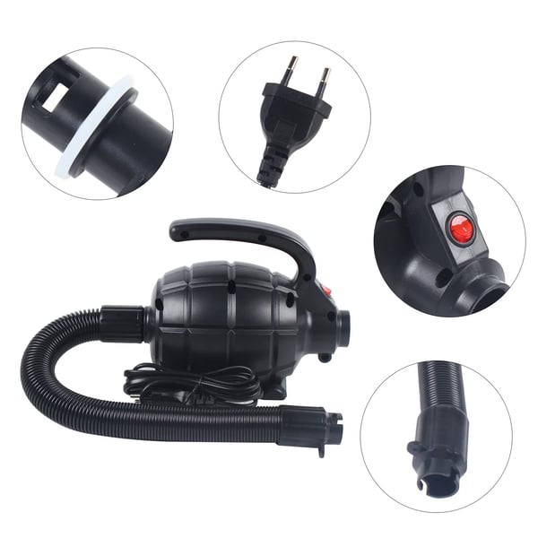 Luftpumpe, 600W motorkraft, 220-240V spænding, 2 minutters oppustningstid, dimensioner 17*12*15 cm, støjniveau ≤ 85 dB