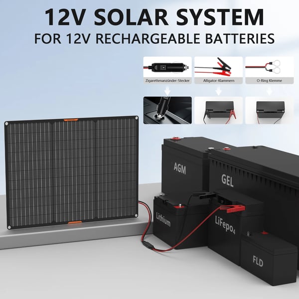 Solbatterioplader, 50W effektudgang, Monokrystallinsk silicium, 12V kompatibilitet, Let og bærbar