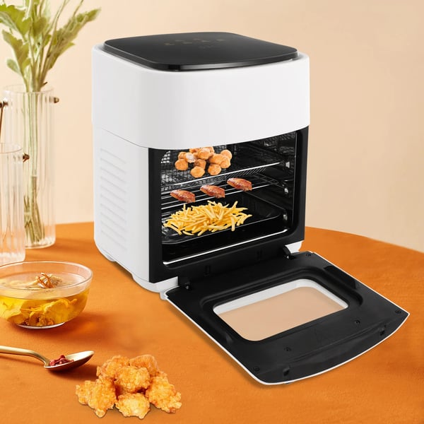 Luftfritösugn, 15L kapacitet, 1400W effekt, temperaturintervall 80-200℃, tidsintervall 5-65 minuter, LED-display
