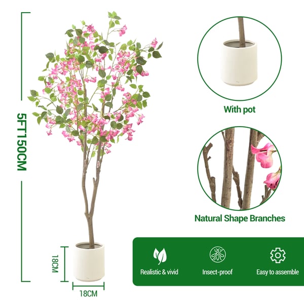 Kunstig Bougainvillea Træ, Elegant Indendørs og Udendørs Dekor, Vedligeholdelsesfri,150cm
