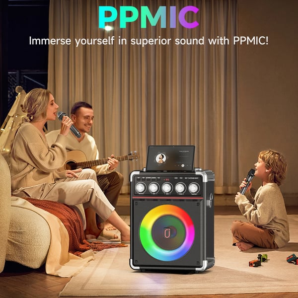 Karaoke-maskine, duale mikrofoner, Bluetooth-forbindelse, 12 timers afspilning, dynamiske lyseffekter
