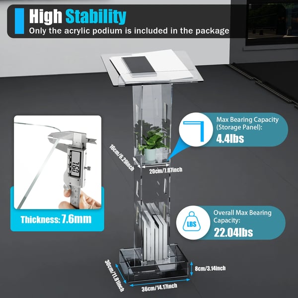 Akrylpodium, 110 cm högt, blå LED-lampa, rektangulär form,Klar