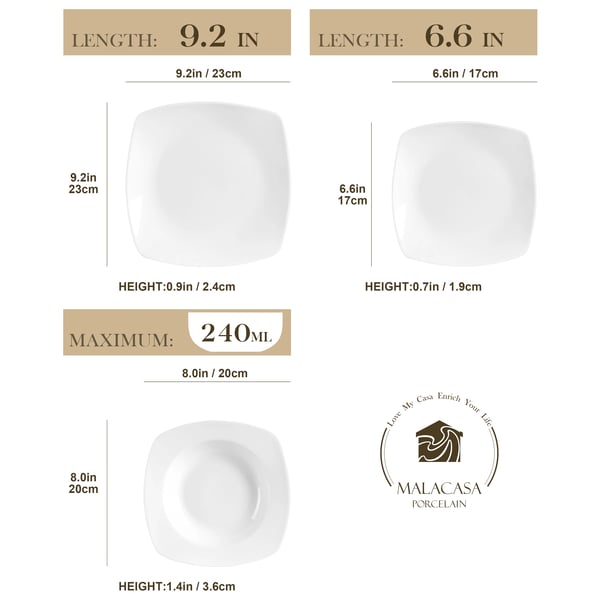 Keramisk Porcelæn Middagsservice, Service til 6, 9,5-tommer Middagsplade, 6,5-tommer Dessertplade, 8-tommer Suppeskål, FDA Godkendt