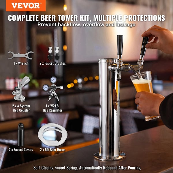 Kegerator Tower Kit, Rostfritt stål och mässing, Mått: 6,89 x 4,53 x 17,13 tum, Vikt: 13,89 lbs, Kompatibilitet: A-system fatkoppling