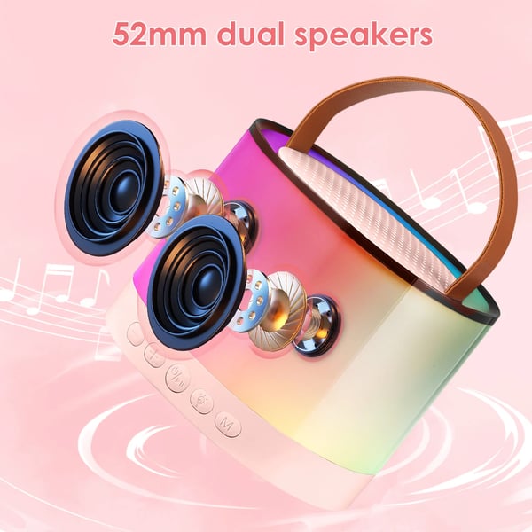 Karaoke Maskine, Bluetooth 5.3, Kompatibel med smartphones og tablets, Op til 8 timers batterilevetid, 2 Trådløse Mikrofoner, 5 Lyd Effekter
