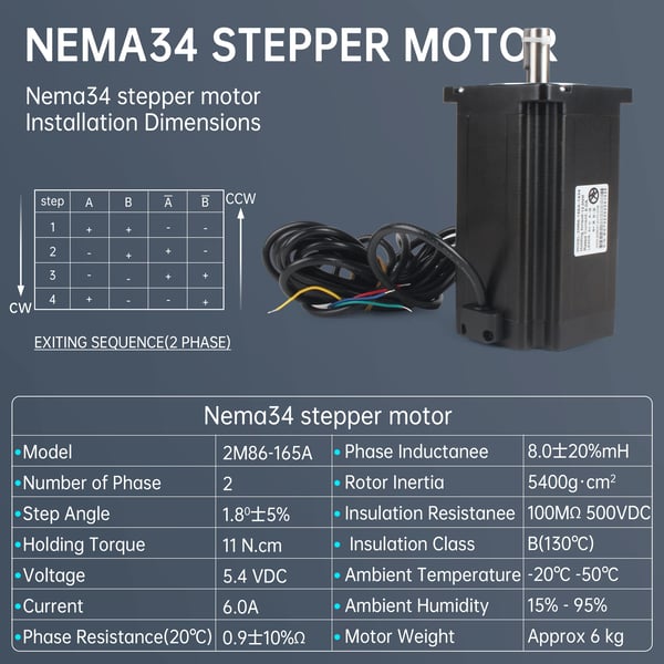 CNC Nema34 Steppermotor, Høj Holdet Moment 11N.cm, 2 Faser, 6.0A Strøm