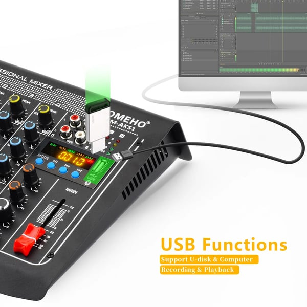 Lomeho Audio Mixer, 6 Kanavaa, Bluetooth-vastaanotin, USB-soitto ja tallennus,musta