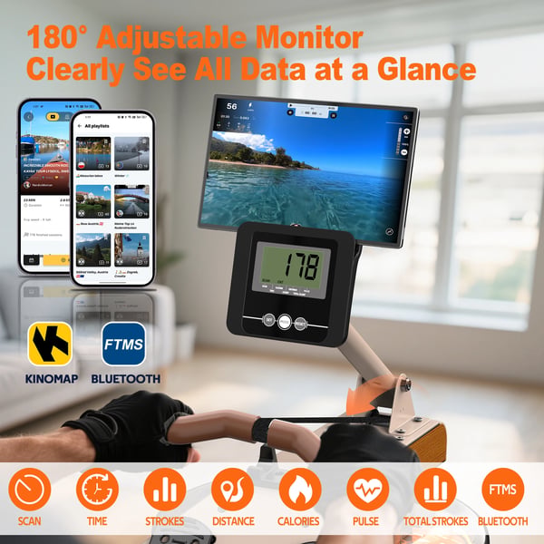 Roningmaskine, Stålramme, 80 x 24 x 22 tommer, Justerbar modstand, Understøtter op til 300 lbs, Justerbar tablet-holder