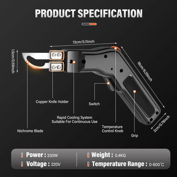 Hot Knife Skumskærer, 300W Effekt, 0-600℃ Temperaturinterval,sort