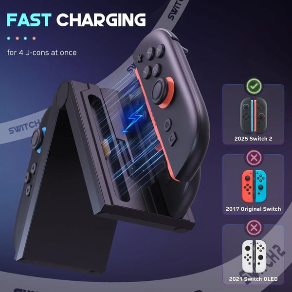 Opladningsstation, 4 porte, kompatibel med Nintendo Switch 2, foldbart design, 3 fod USB-C kabel, magnetisk connector