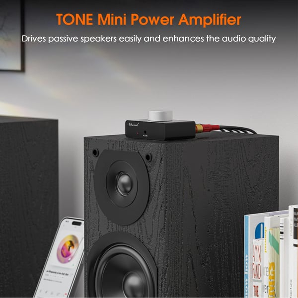 Forstærker, 50W x 2 udgangseffekt, Bluetooth- og AUX-tilslutning, kompakt aluminiumkrop, 20Hz-20kHz frekvensrespons