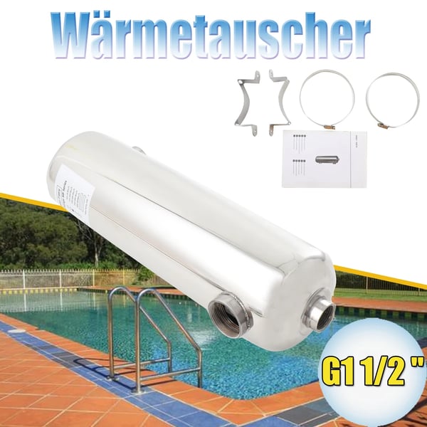 Varmeveksler, 60 kW, SS304 rustfrit stål, Dimensioner: 48,5 x 16 cm, Poolforbindelse: G1 1/2, Varmtvandsflow: 30 L/min