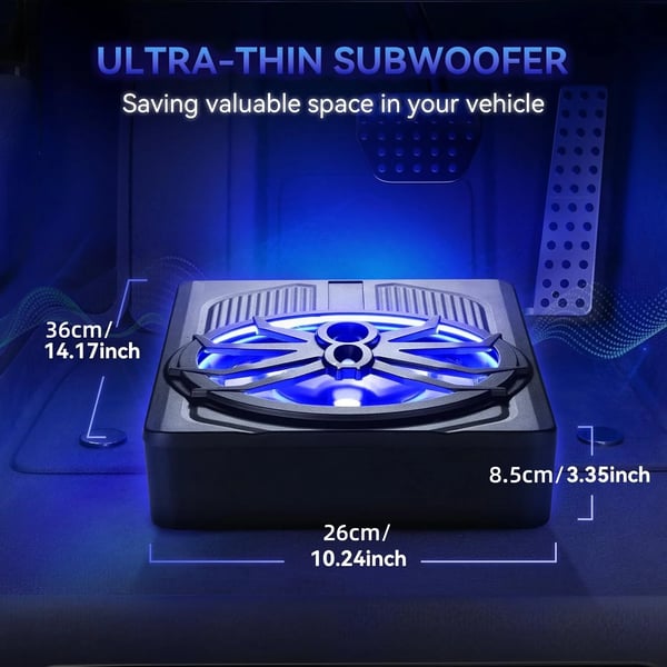 Bil Subwoofer Forstærker, 10 Tommer, 800W Effektudgang, Stereo Lydkodning, Blåt Lys, Spinder Design
