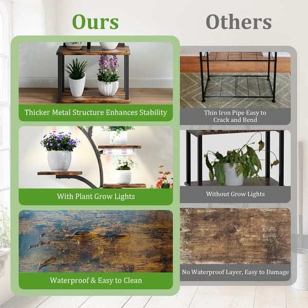 Planteholder, Multi-niveau Design, Integrerede LED Vækstlys,Brun
