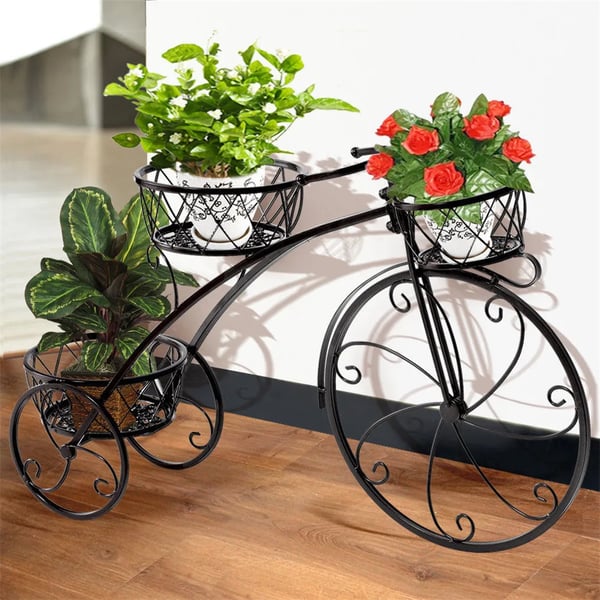 Cykelplanteholder, 3-lags design, smedet jernkonstruktion,Sort
