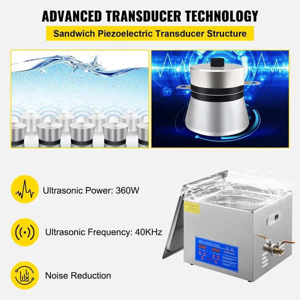 Ultralydsrenser, Tankkapacitet 13,5-15L, Varmeeffekt 400W, Ultralydseffekt 360W, Spænding 110V, Frekvens 40kHz