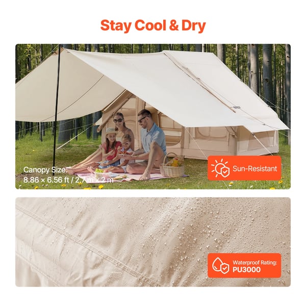 Oppustelig telt, 300D Oxford stof, 9,84 x 6,56 x 6,56 ft, canopy størrelse 8,86 x 6,56 ft, vægt 34,24 lbs, pumpekapacitet 1500CC