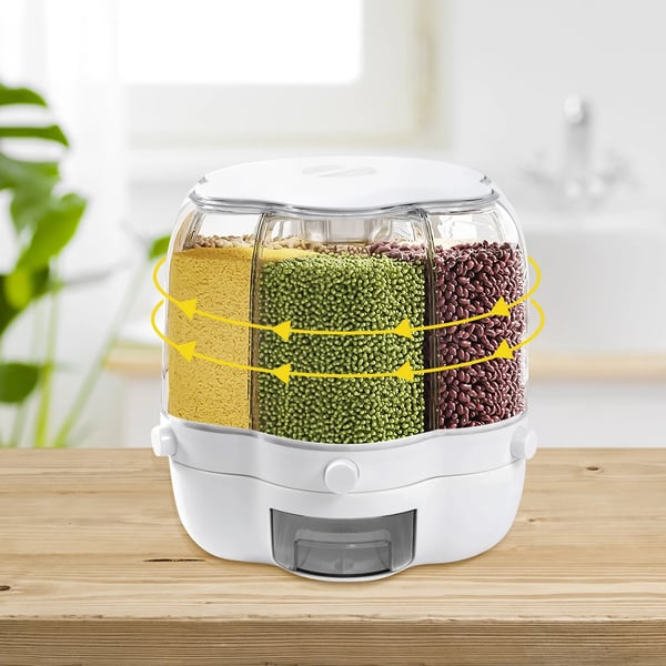 Cereal Dispenser, 360° roterende design, 6-rums opbevaring,HVID