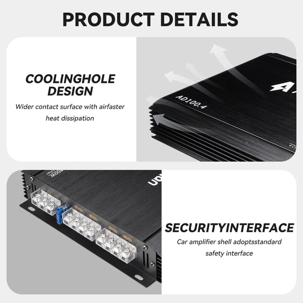 Bilforstærker, 7800W spidseffekt, 200W RMS, 12V-13.8V spænding, 27.6 x 20.6 x 4 cm dimensioner, multikanal lydkodning