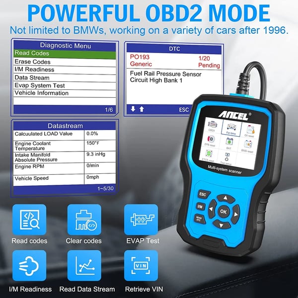 OBD2-skanneri, MINI EPB SAS -järjestelmä, Airbag, TPMS, akun ja öljyn nollaus, ANCEL BM700