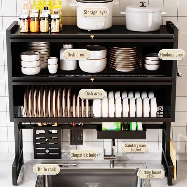 Opvaskestativ, Pladsbesparende Design, Nem Vedligeholdelse,L, sort, 4-niveau