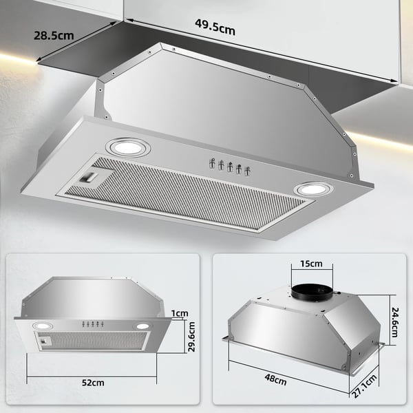 Emhætte, 52 cm, 300 m³/t luftstrøm, 3 hastighedsindstillinger,Rustfrit Stål, EU