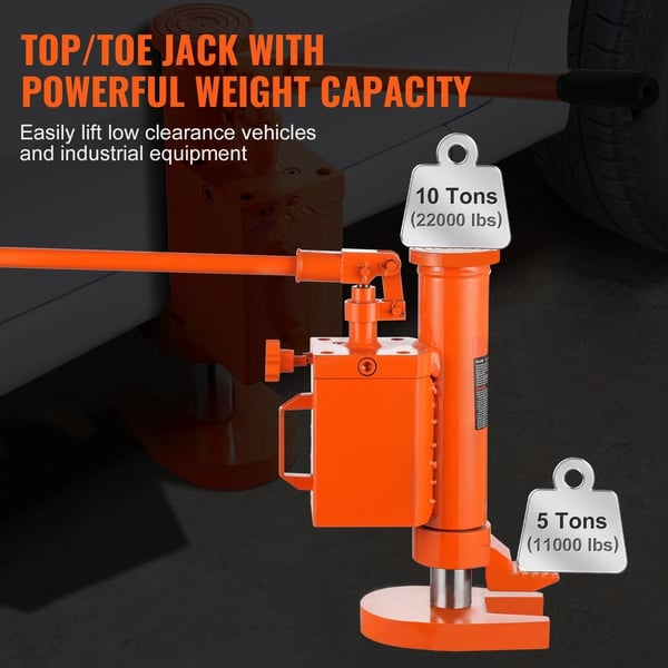 Hydraulisk Tå Jack, 10 Ton Løftekapacitet, 5 Ton Tå Kapacitet, Højdeområde 14,6-22,4 Tommer, Tå Højde 1,0-9,1 Tommer, 360° Rotérbar