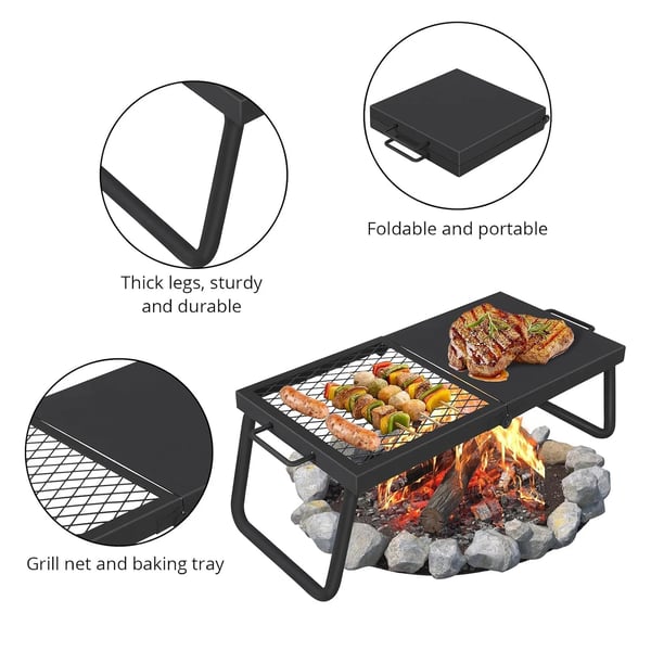 Lejrgrill, Kraftigt stål, 24 x 16 tommer, Varmebestandig op til 500°F, Sammenklappeligt design, Kompatibel med bålpladser