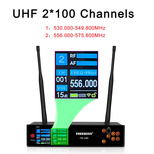 Trådløst Mikrofon System, Dual UHF Kanaler, Kardiode Design,EU STIK