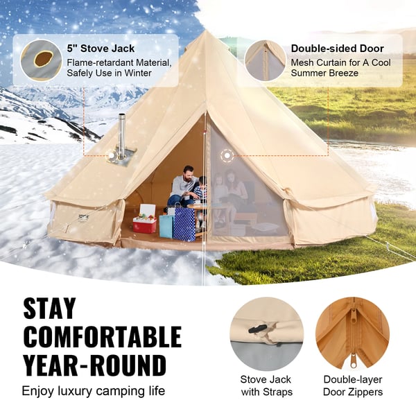 Canvas Bell Tent, 4 m Dækningsdiameter, Skorsten Ventilation, Plads til 6 Personer,4m
