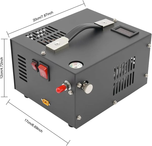PCP Kompressor, Aluminium, Dimensioner 20*17*12 cm, 12V DC Strømkilde, 300W Effekt, Max Tryk 30MPa