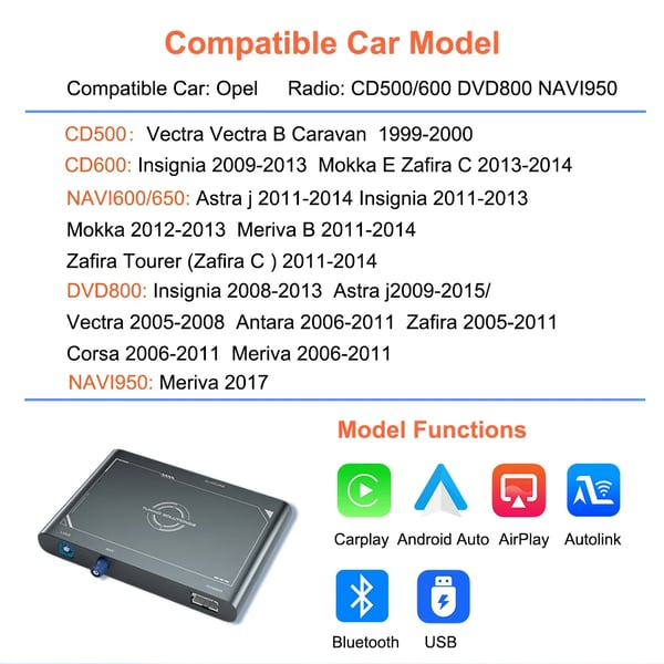 CarPlay Interface Decoder, Passer til Opel CD500, Opel CD600, Opel NAVI600, Opel DVD800, Plug-and-Play Installation