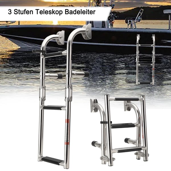 Teleskopisk Bådtrappe, Rustfrit Stål, Foldbart Design, 3 Trin, Skridsikre Trin, Høj Belastningskapacitet