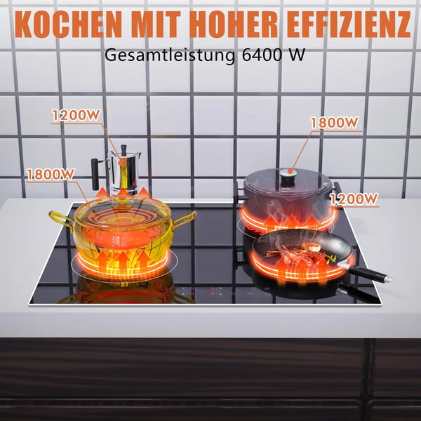 Keramisk kogeplade, 60 cm, 6000 W, Fire brændere, Touch kontrol, 220V