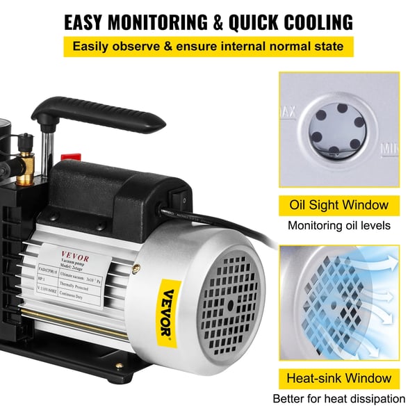 "Vakuumpumpe, 8 CFM flow rate, 1 HK effekt, 0,3 PA ultimativ vakuum, dual stage, kompatibel med 1/4"" flare"