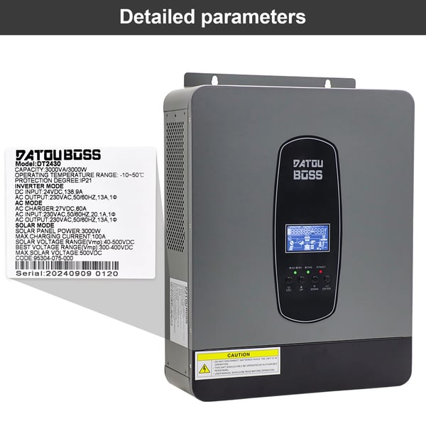 DATOUBOSS Hybrid Sol inverter, 3000W Output, Europæisk Stiktype,SP3000W-24V 50 60Hz