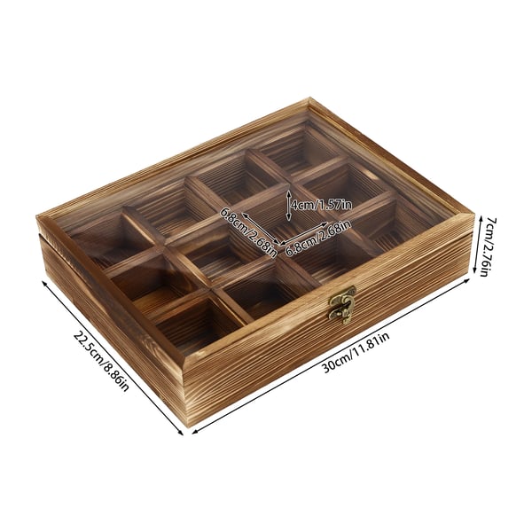 Krydderiboks, 12 Rum, Bygget i Fyrretræ, 30cm x 22,5cm x 7cm Dimensioner, Hvert Rum 45ml Kapacitet, Retro Stil