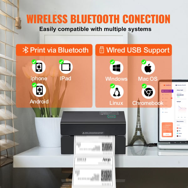 Termisk Etiketprinter, Bluetooth- og USB-forbindelse, 150 mm/s Udskrivningshastighed,300dpi