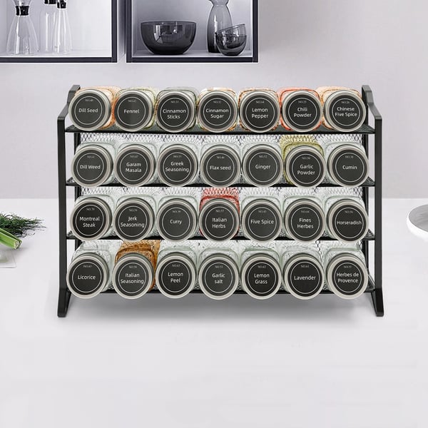 Krydderihylde, 4-lags design, inkluderer 28 glasbeholdere,4-niveau, Sort