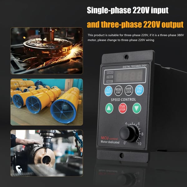 Motorhastighedscontroller, 750W effekt, enkeltfase AC 220V indgang, trefase AC 220V udgang, arbejdsfrekvens 1.0-99Hz, nominel strøm 3.41A